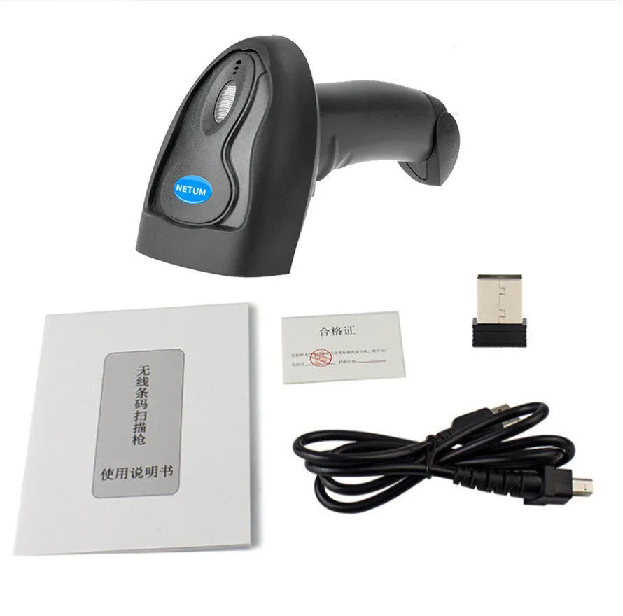 Black wireless handheld barcode scanner with USB connectivity for inventory management