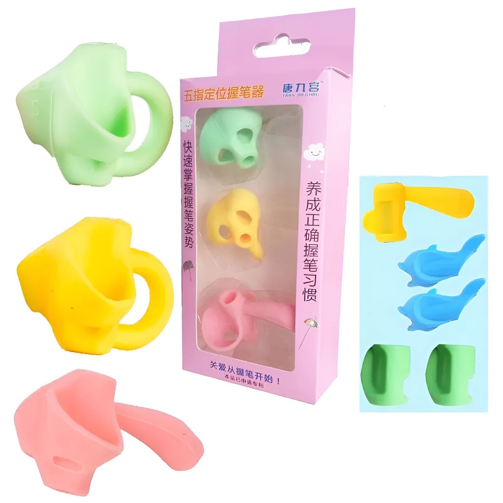 Dolphin-shaped pen holder orthosis for children in mixed colours, shown with a writing corrector.