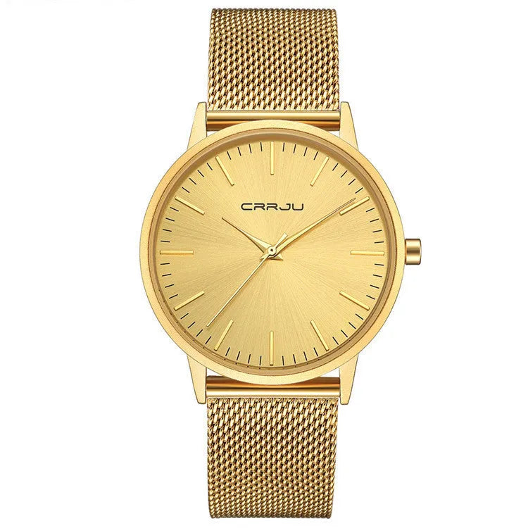 Casual unisex quartz watch with alloy case and choice of mesh or leather strap, shown in black and gold colour variants.