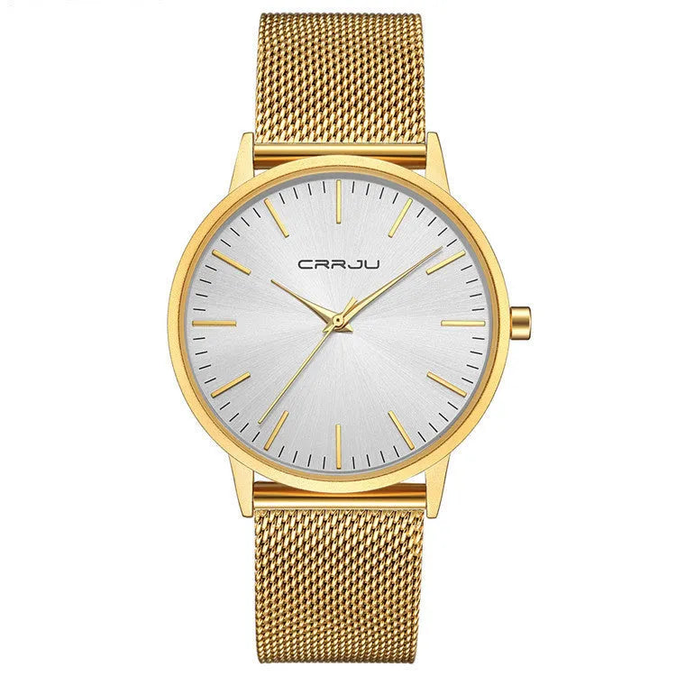 Casual unisex quartz watch with alloy case and choice of mesh or leather strap, shown in black and gold colour variants.