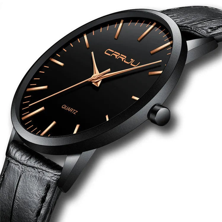 Casual unisex quartz watch with alloy case and choice of mesh or leather strap, shown in black and gold colour variants.