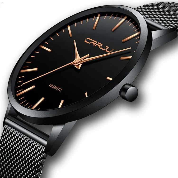 Casual unisex quartz watch with alloy case and choice of mesh or leather strap, shown in black and gold colour variants.