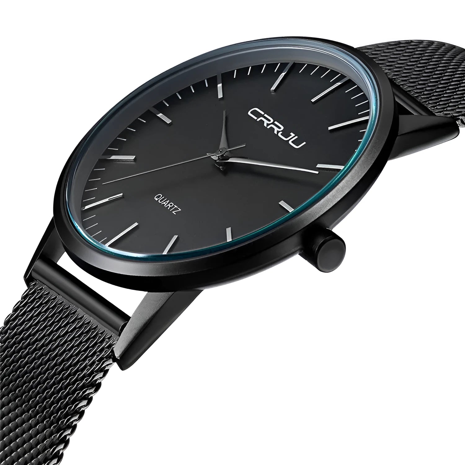 Casual unisex quartz watch with alloy case and choice of mesh or leather strap, shown in black and gold colour variants.