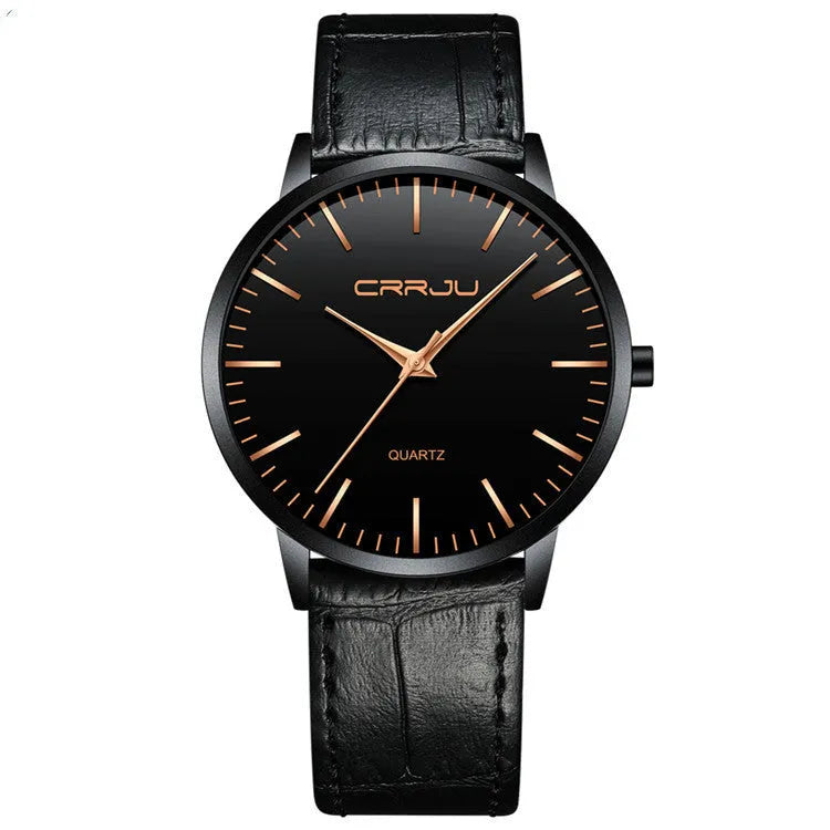 Casual unisex quartz watch with alloy case and choice of mesh or leather strap, shown in black and gold colour variants.