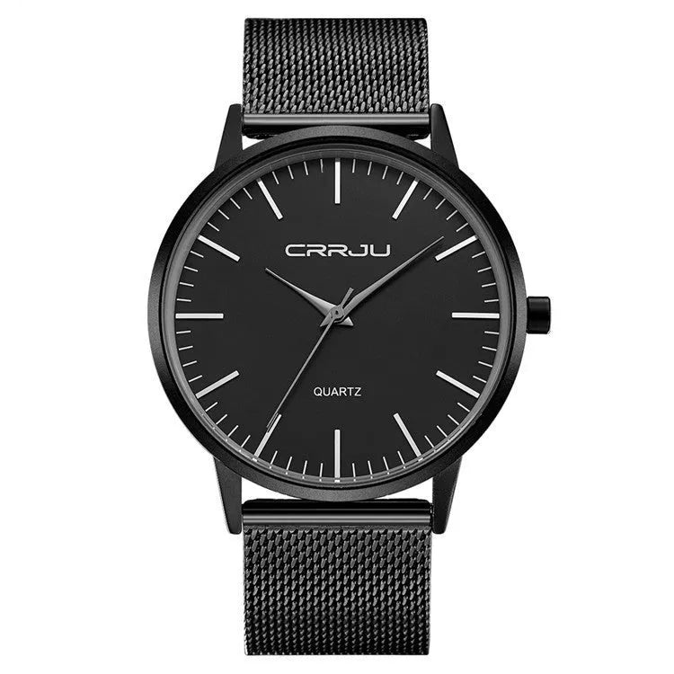 Casual unisex quartz watch with alloy case and choice of mesh or leather strap, shown in black and gold colour variants.