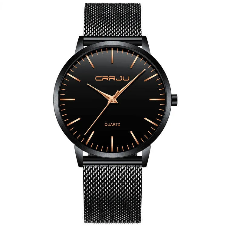 Casual unisex quartz watch with alloy case and choice of mesh or leather strap, shown in black and gold colour variants.