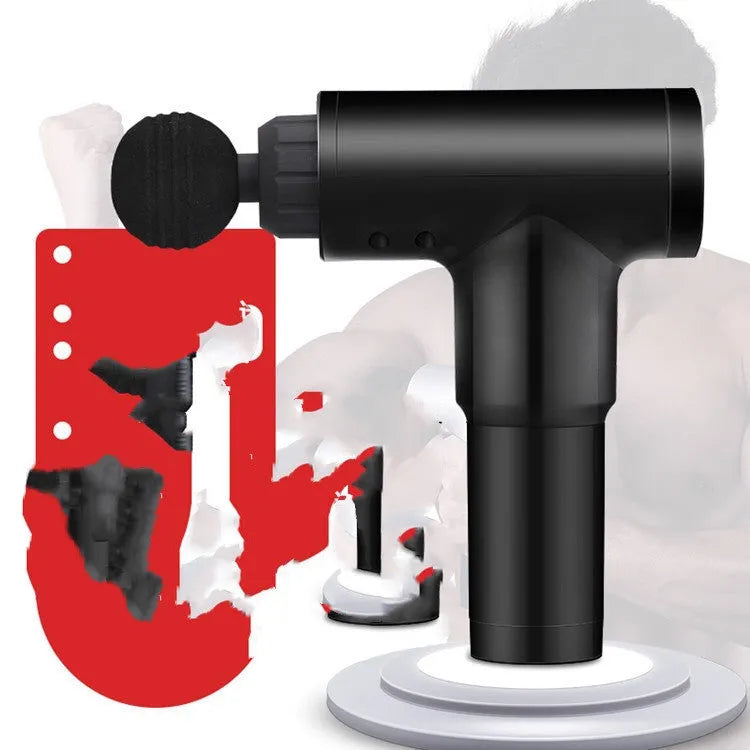 Electric massage gun in black with four massage heads and compact ABS body on white background