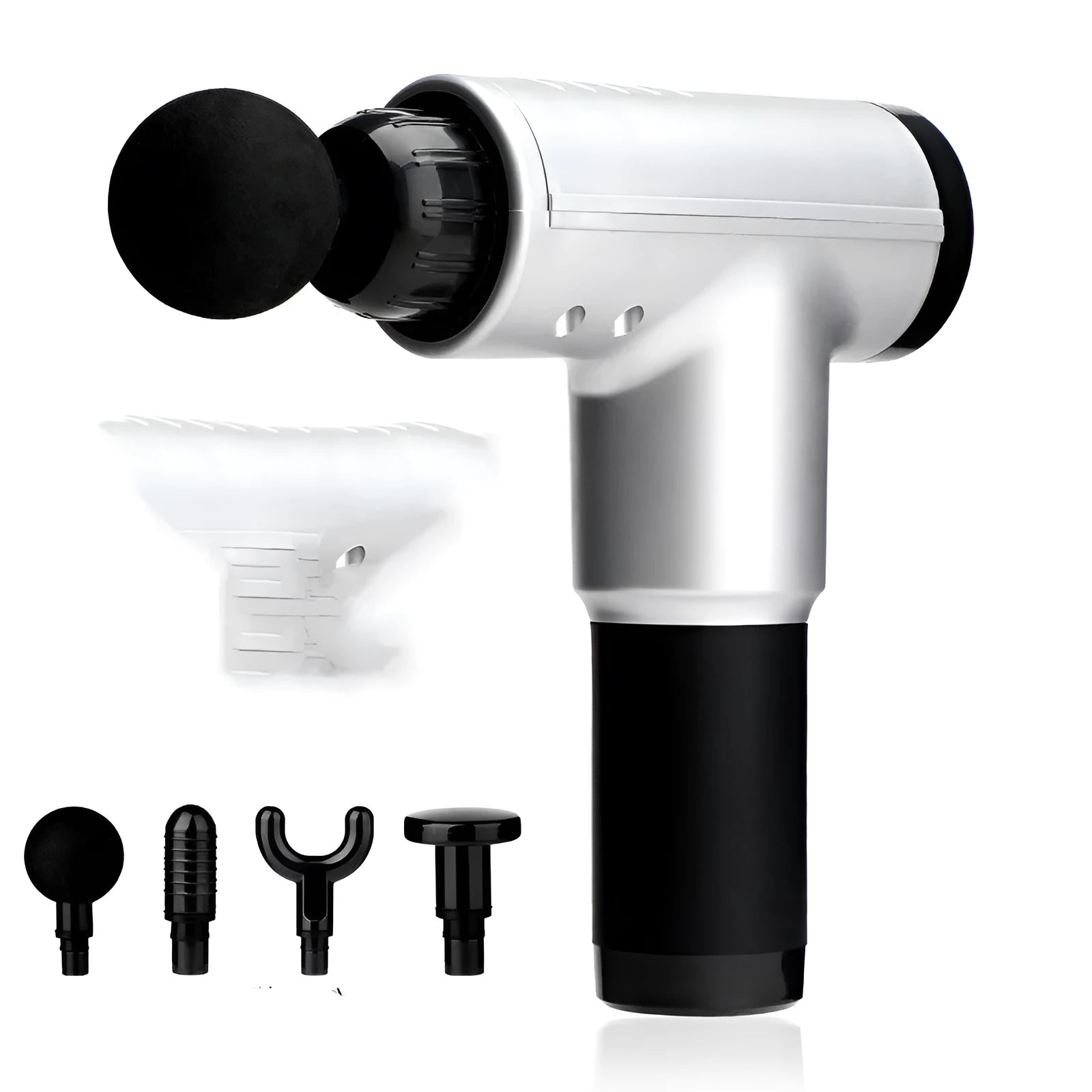 Electric massage gun in black with four massage heads and compact ABS body on white background