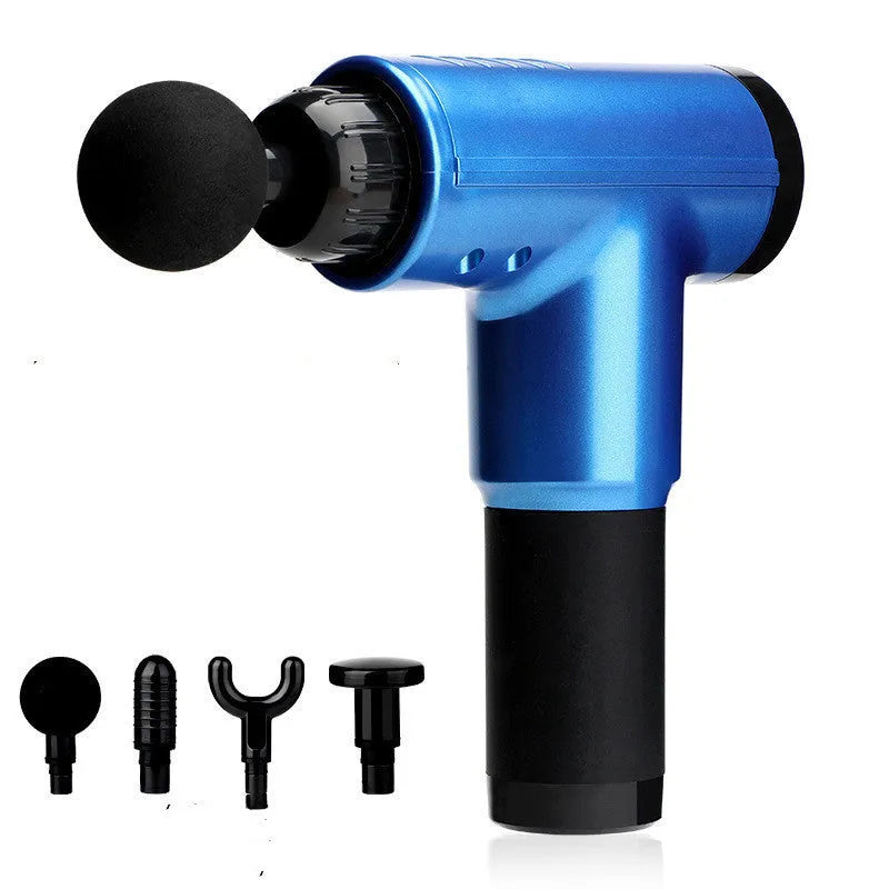 Electric massage gun in black with four massage heads and compact ABS body on white background