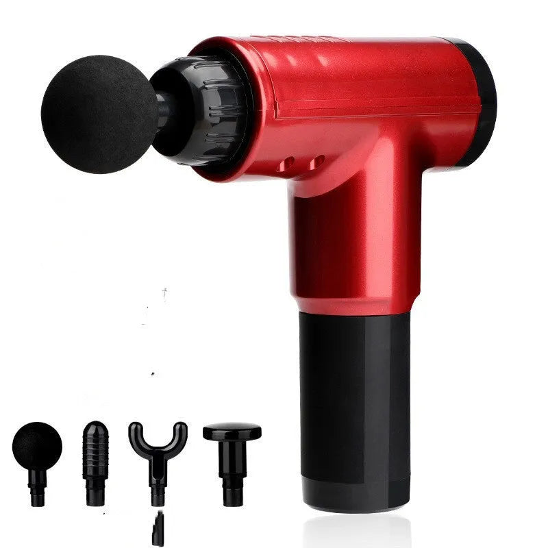 Electric massage gun in black with four massage heads and compact ABS body on white background