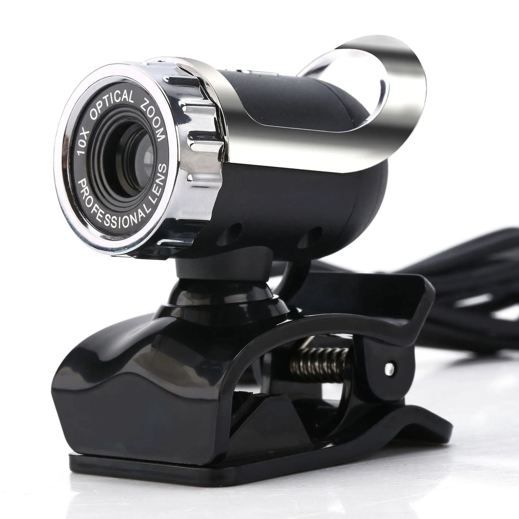 Black 5MP HD USB computer camera with night vision, manual focus lens, and built-in microphone on a notebook screen
