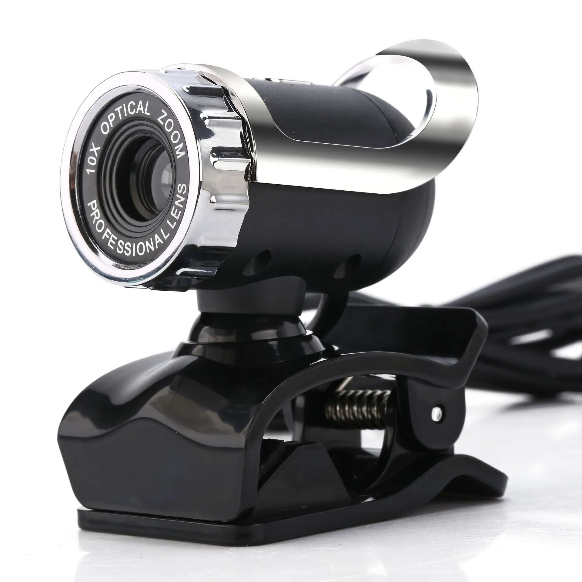 Black 5MP HD USB computer camera with night vision, manual focus lens, and built-in microphone on a notebook screen