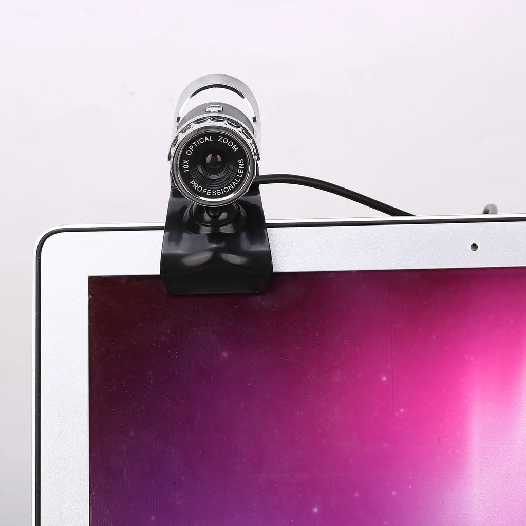 Black 5MP HD USB computer camera with night vision, manual focus lens, and built-in microphone on a notebook screen