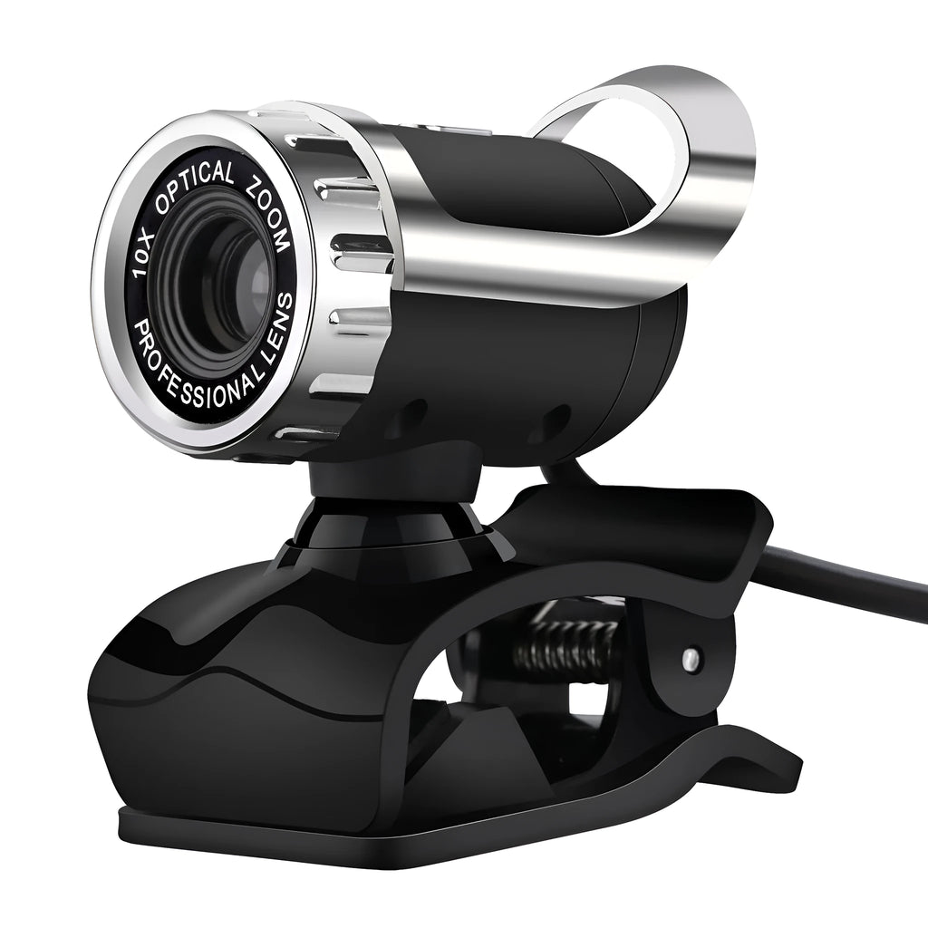 Black 5MP HD USB computer camera with night vision, manual focus lens, and built-in microphone on a notebook screen