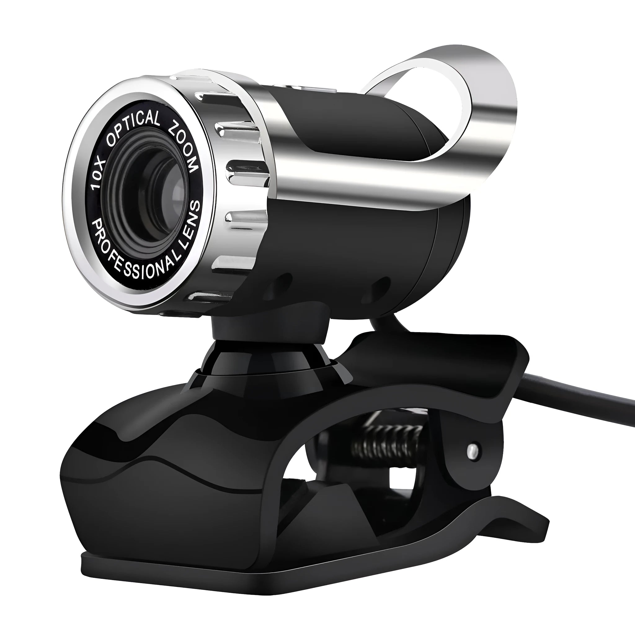 Black 5MP HD USB computer camera with night vision, manual focus lens, and built-in microphone on a notebook screen