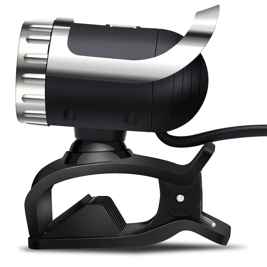 Black 5MP HD USB computer camera with night vision, manual focus lens, and built-in microphone on a notebook screen