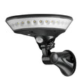 A 360-degree white solar-powered outdoor light with a motion sensor, shown in outdoor setting.