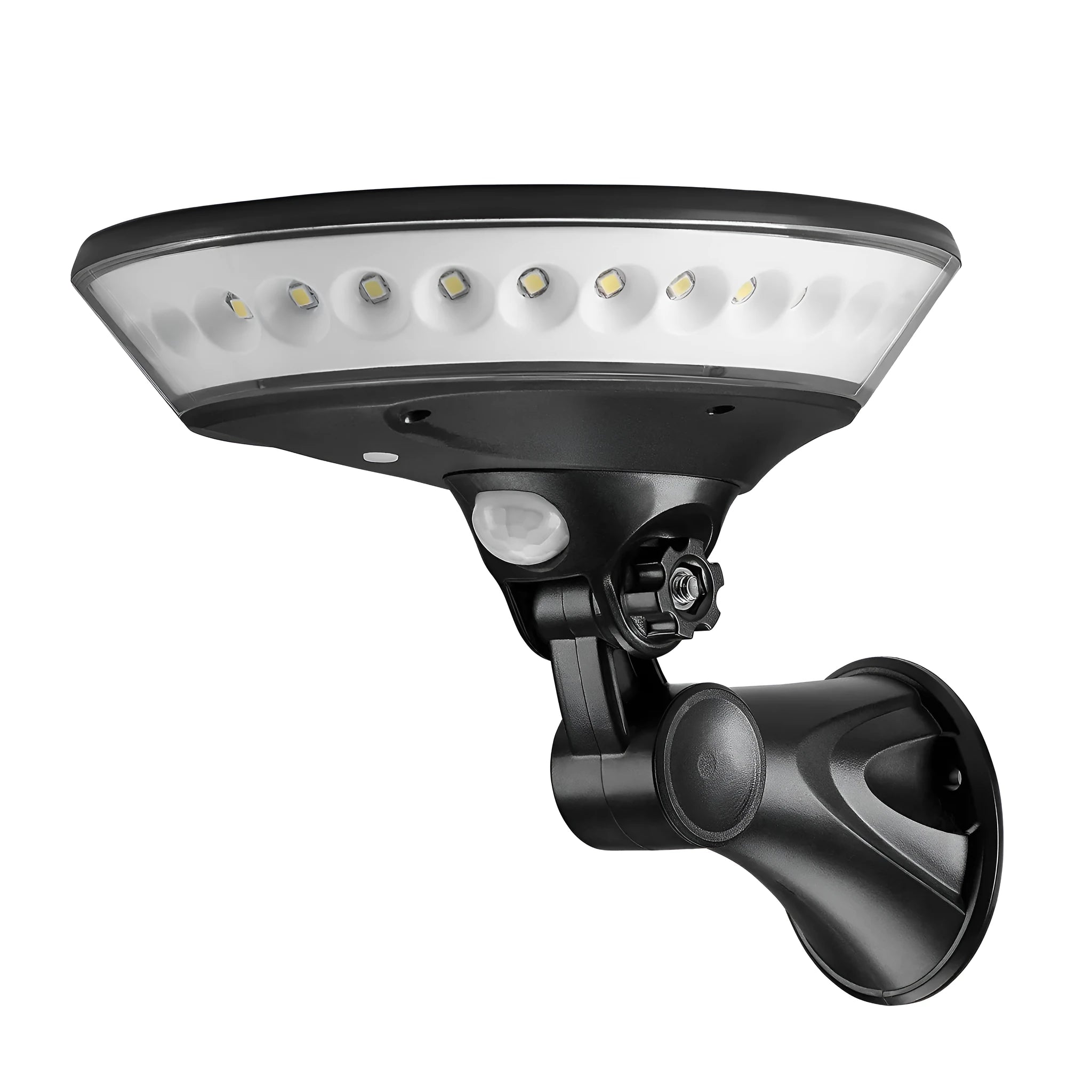 A 360-degree white solar-powered outdoor light with a motion sensor, shown in outdoor setting.