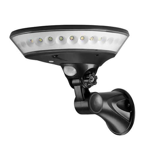 A 360-degree white solar-powered outdoor light with a motion sensor, shown in outdoor setting.