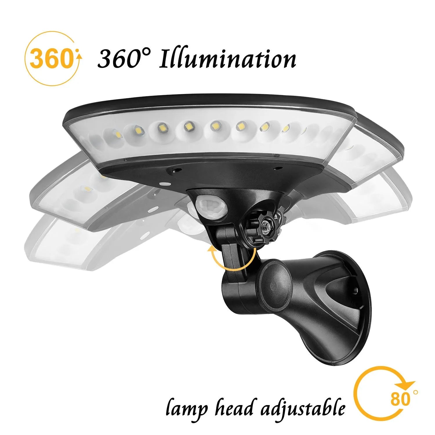 A 360-degree white solar-powered outdoor light with a motion sensor, shown in outdoor setting.