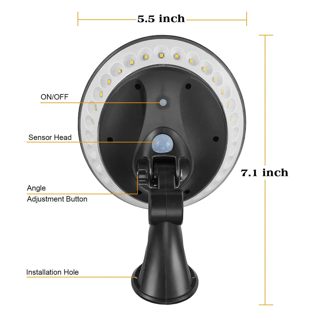 A 360-degree white solar-powered outdoor light with a motion sensor, shown in outdoor setting.
