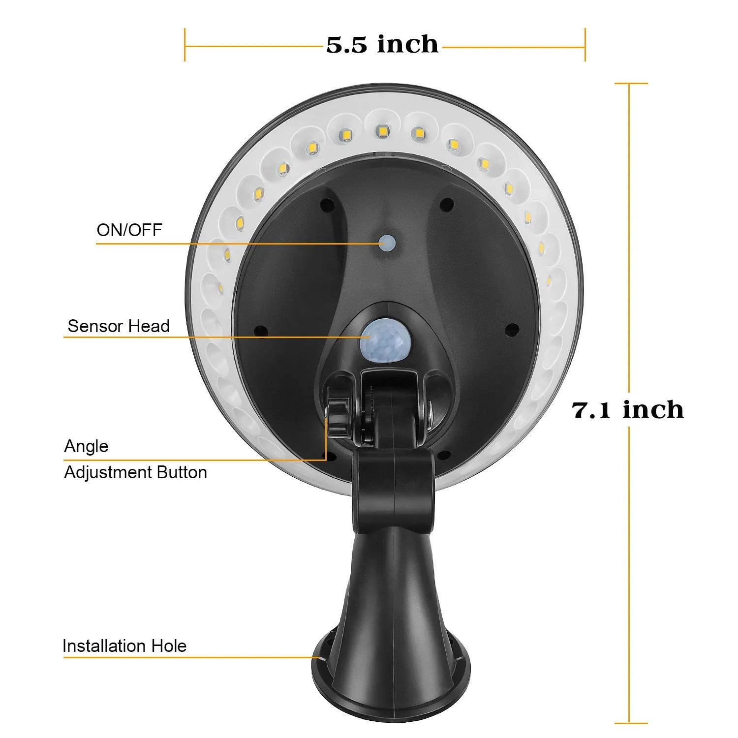 A 360-degree white solar-powered outdoor light with a motion sensor, shown in outdoor setting.