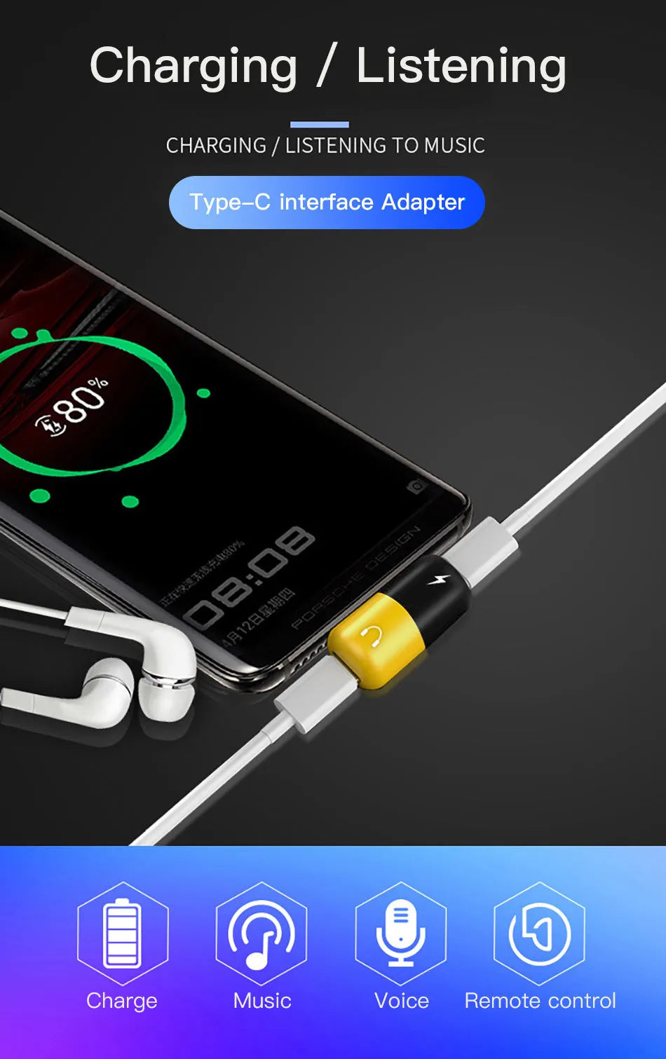 Blue Huawei smartphone charging audio adapter with 3.5mm headphone port and charging connector
