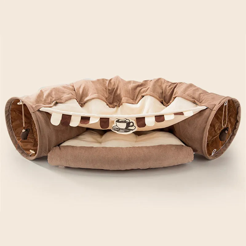 Collapsible cat tunnel toy in Bar colour design showing folded and expanded states