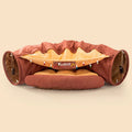 Collapsible cat tunnel toy in Bar colour design showing folded and expanded states