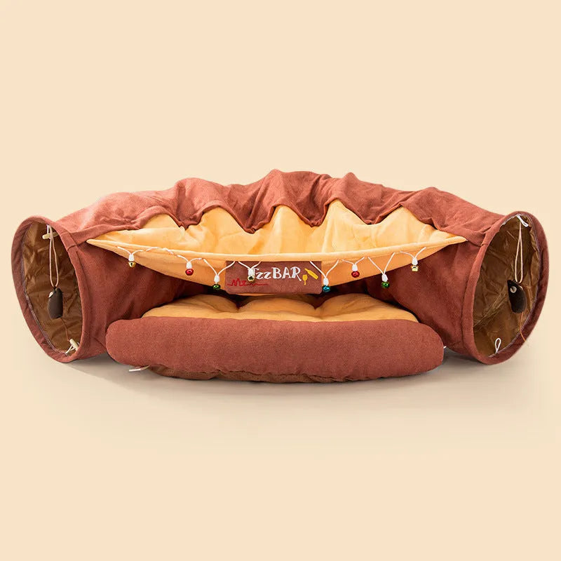 Collapsible cat tunnel toy in Bar colour design showing folded and expanded states