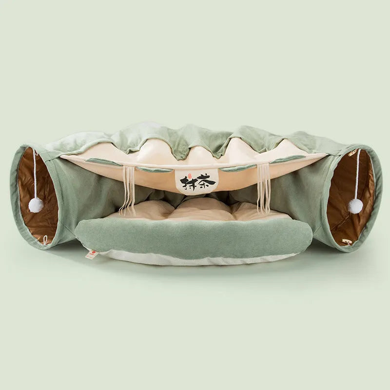 Collapsible cat tunnel toy in Bar colour design showing folded and expanded states