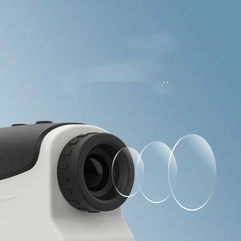 Handheld laser rangefinder for golf and outdoor distance measurement.