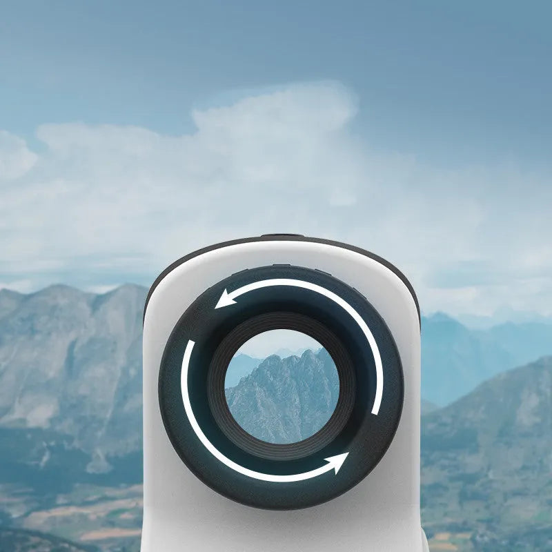 Handheld laser rangefinder for golf and outdoor distance measurement.