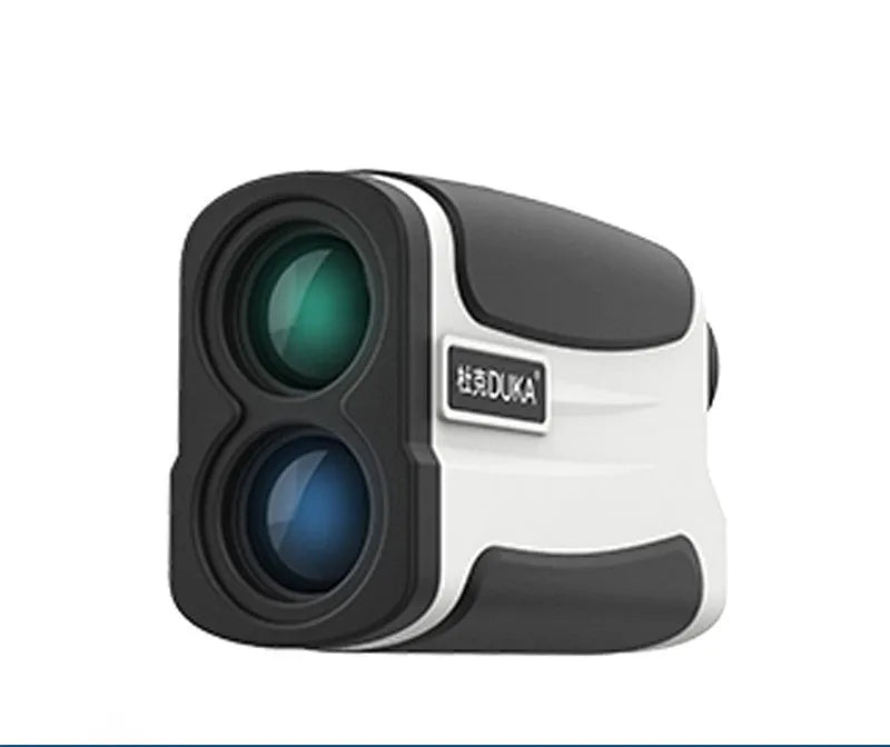 Handheld laser rangefinder for golf and outdoor distance measurement.