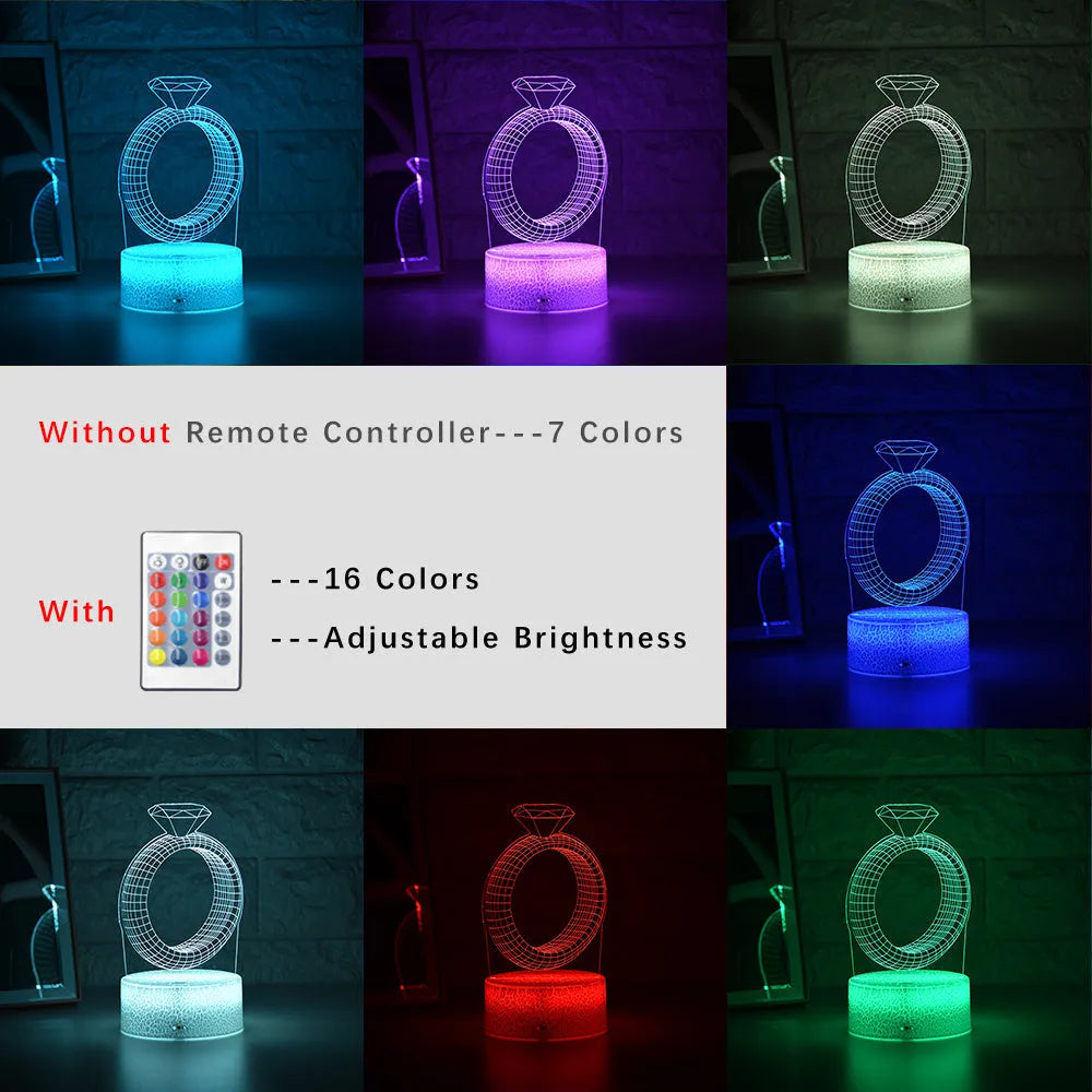 3D LED night light showing illuminated diamond ring design on a black background with colour-changing lights.
