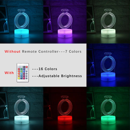 3D LED night light showing illuminated diamond ring design on a black background with colour-changing lights.