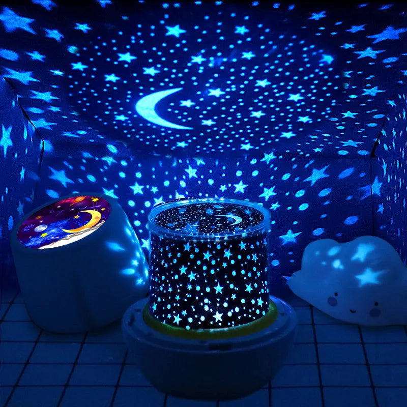 Pruixin rotating projector night light displaying star patterns on bedroom wall
