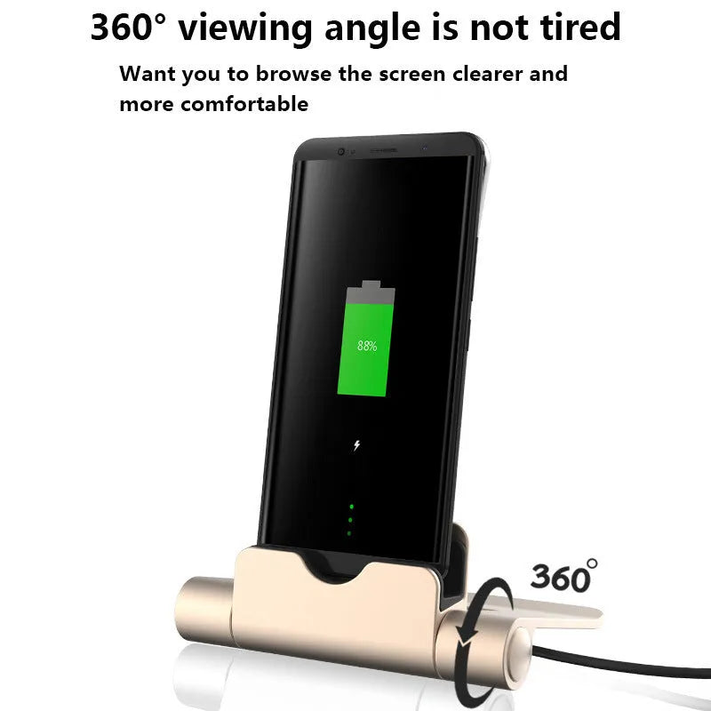 WQ26 desktop charger stand for mobile phones in black, compatible with iPhone, MicroV8, and Type C cables