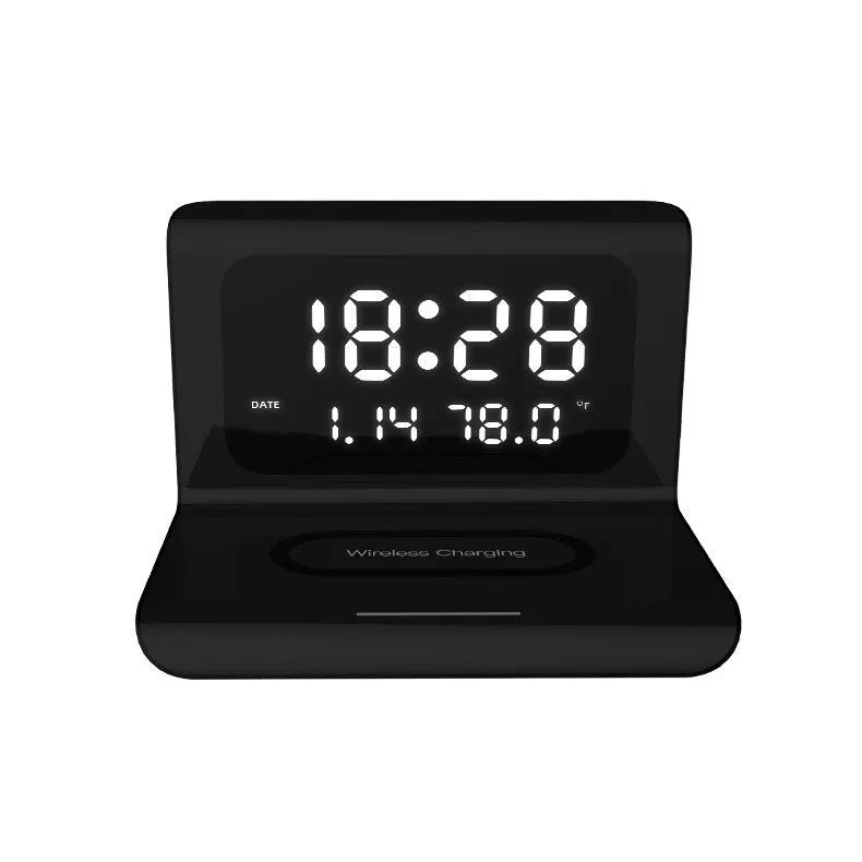 White wireless charging alarm clock showing calendar, temperature display, and phone charging on surface