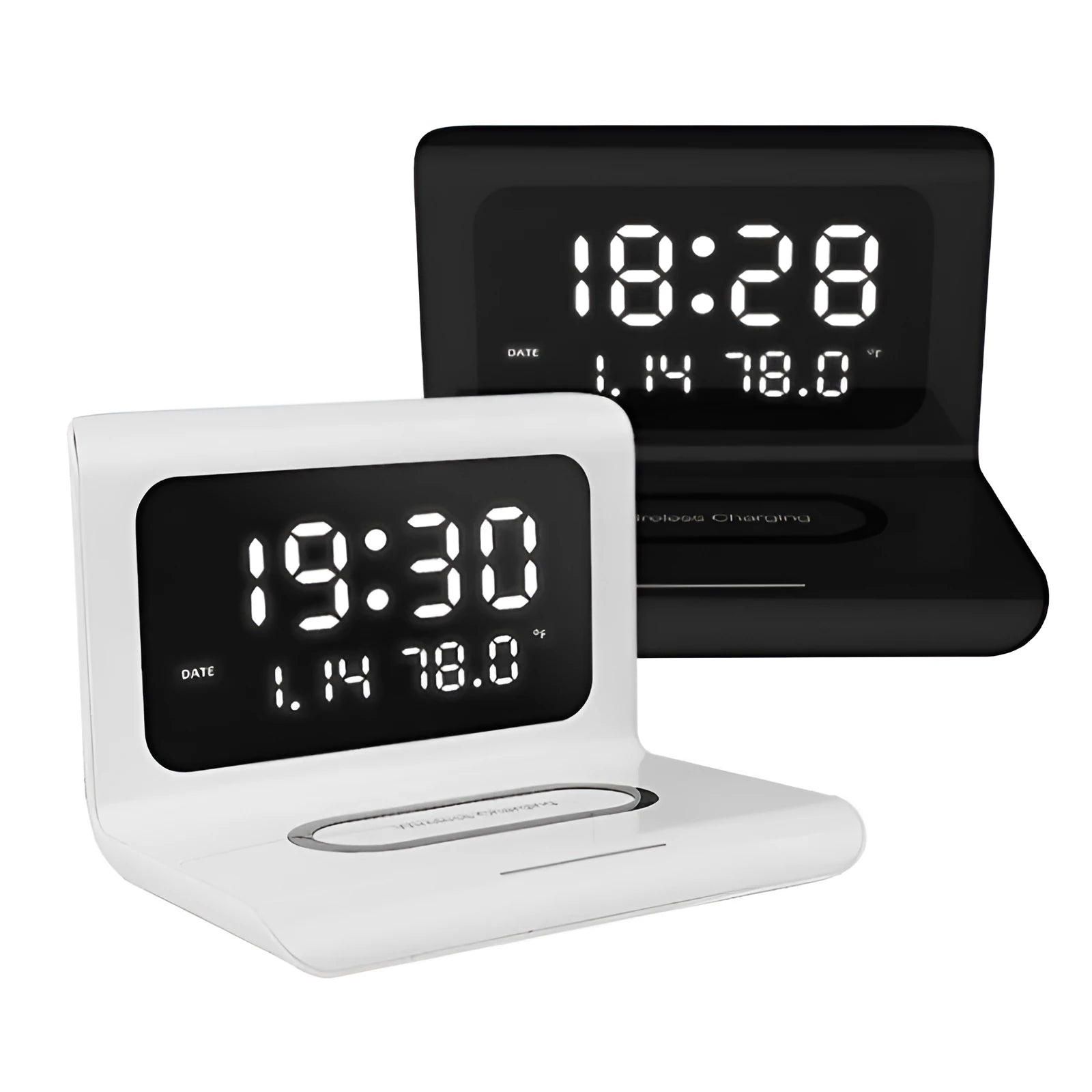 White wireless charging alarm clock showing calendar, temperature display, and phone charging on surface