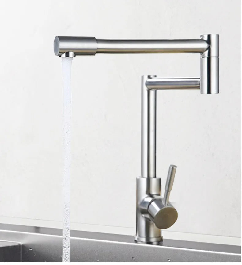 Silver stainless steel kitchen or bathroom mixer tap with a 360-degree rotating spout.