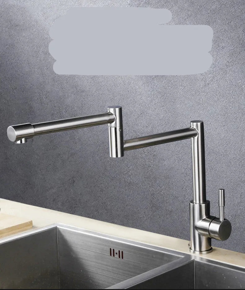 Silver stainless steel kitchen or bathroom mixer tap with a 360-degree rotating spout.