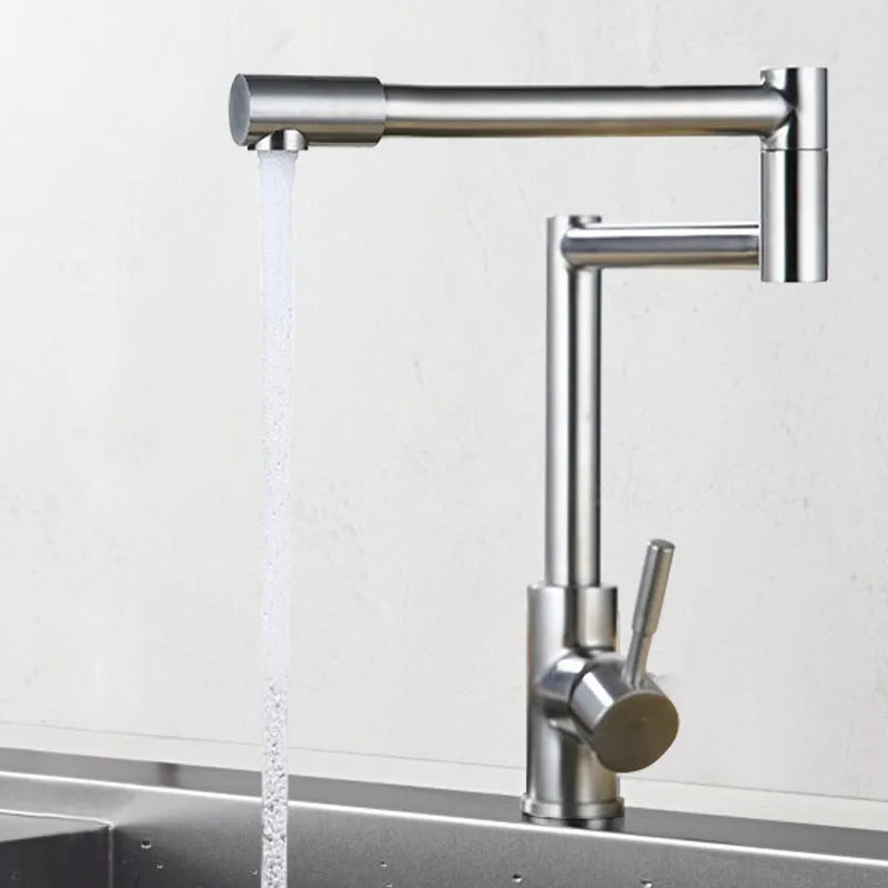 Silver stainless steel kitchen or bathroom mixer tap with a 360-degree rotating spout.