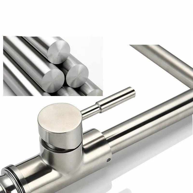 Silver stainless steel kitchen or bathroom mixer tap with a 360-degree rotating spout.