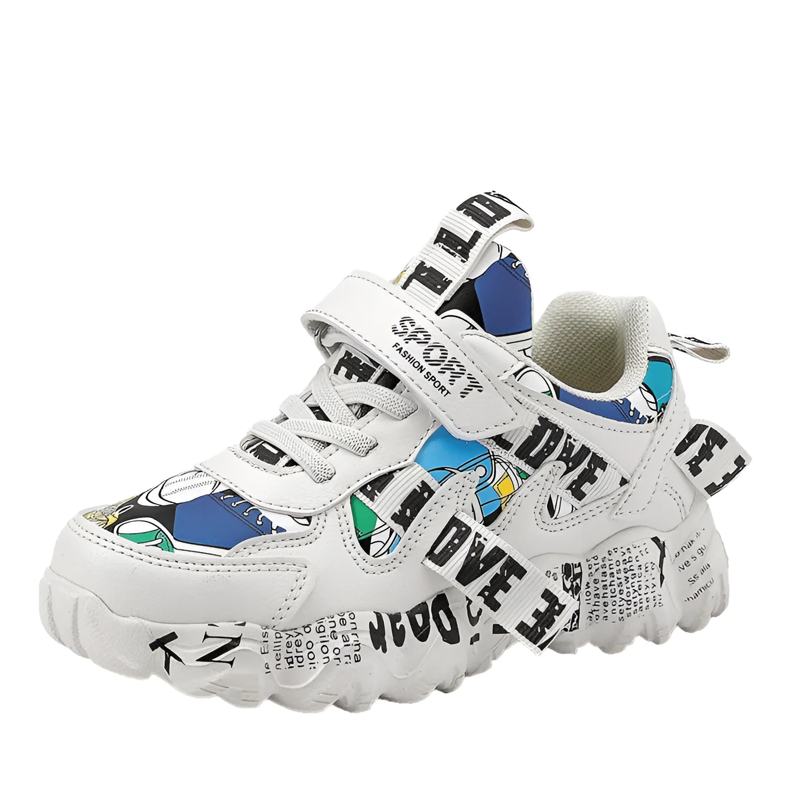 Kids blue and beige Velcro sports sneakers with rubber sole shown from side