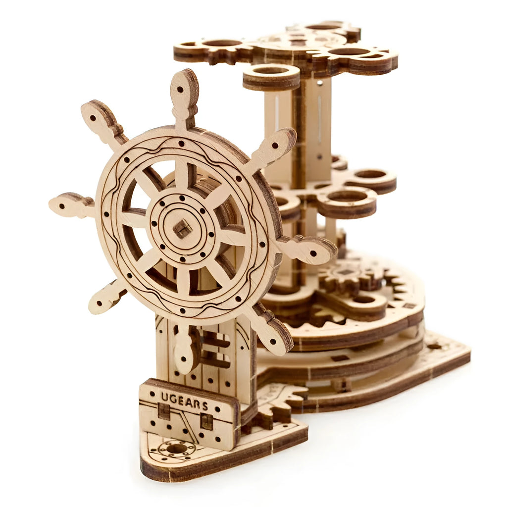 Wooden rotating pen holder with steering wheel mechanism showing photo colour finish on machinery model