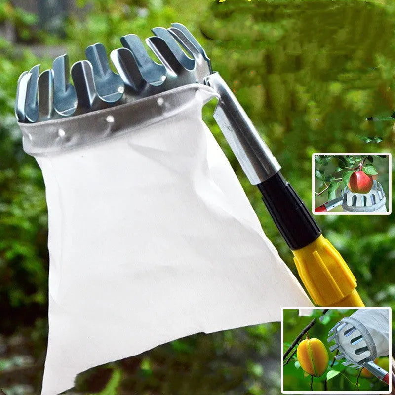 Steel frame fruit picker basket with cloth catcher bag for harvesting orchard fruits