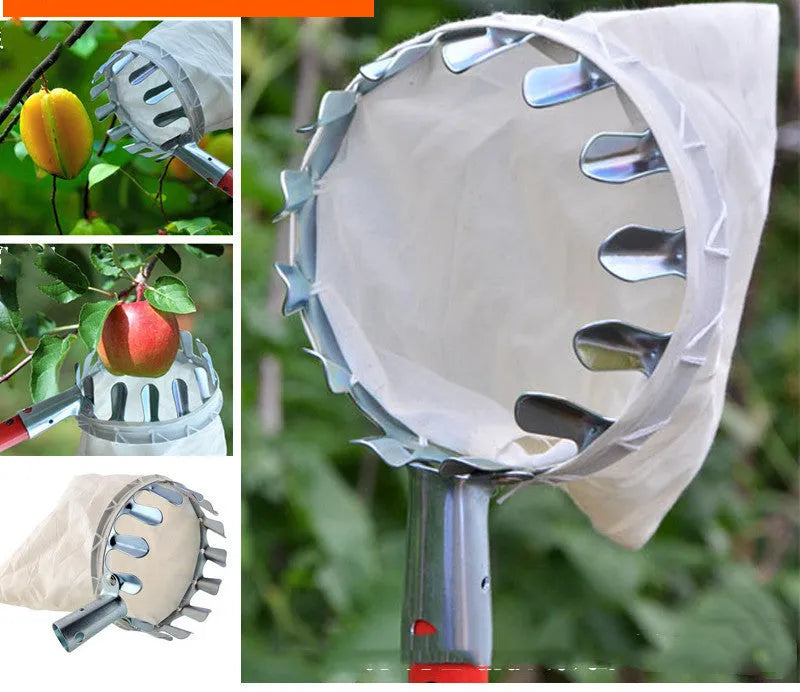 Steel frame fruit picker basket with cloth catcher bag for harvesting orchard fruits
