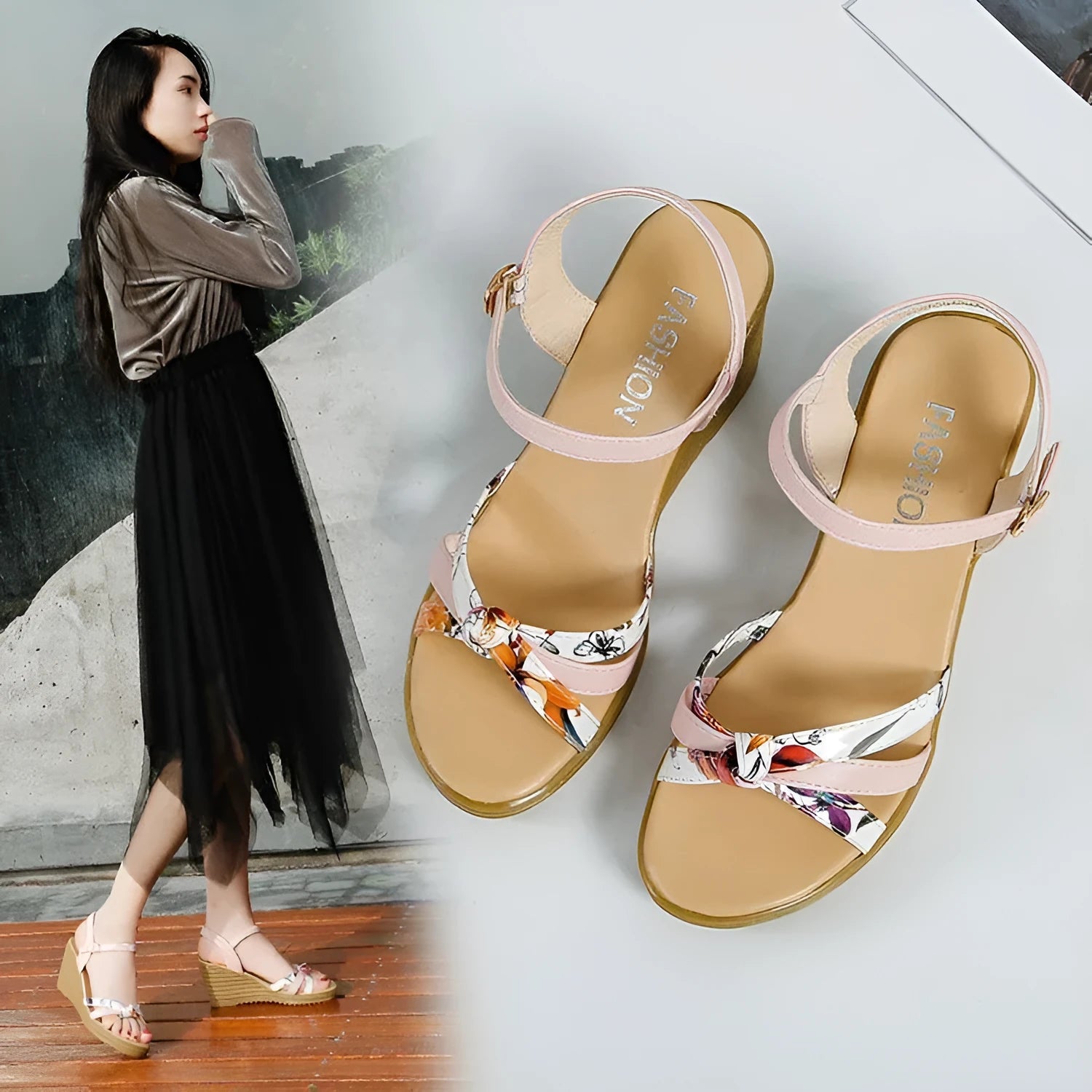 Pink women's wedge sandals with a fish mouth design and buckle strap on a non-slip sole.