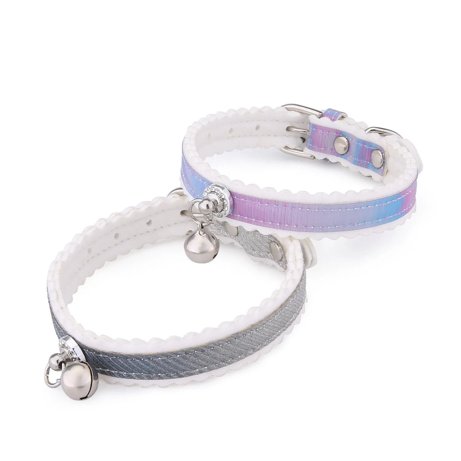 Gradient PU cat collar with silver bell on a neutral background